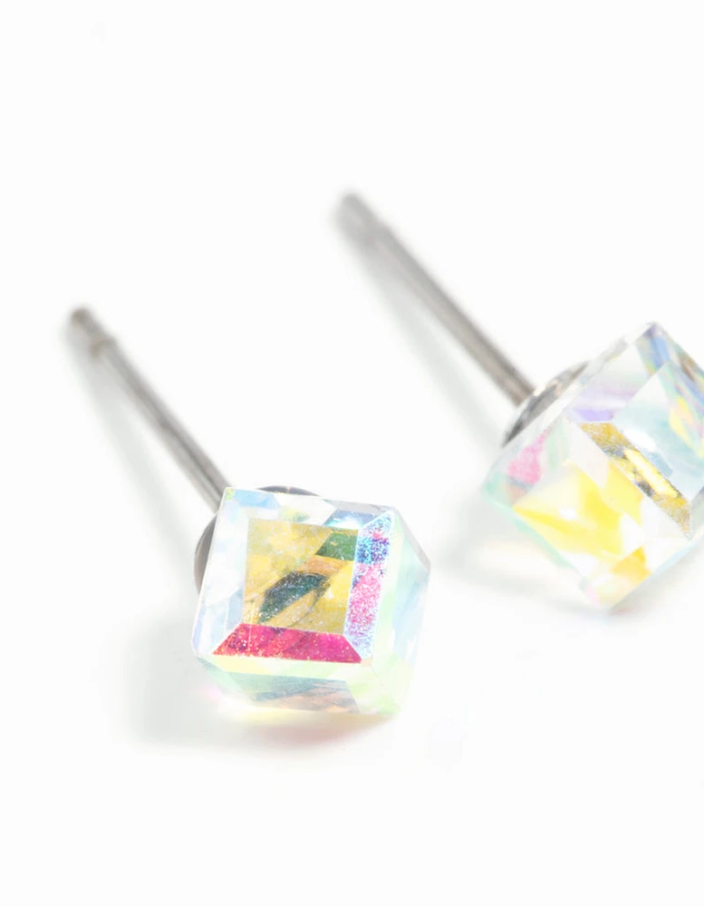 Clear Gem 3D Cube Stud Earrings