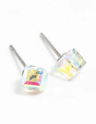 Clear Gem 3D Cube Stud Earrings