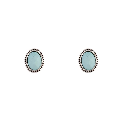 Antique Silver Blue Oval Stud Earrings