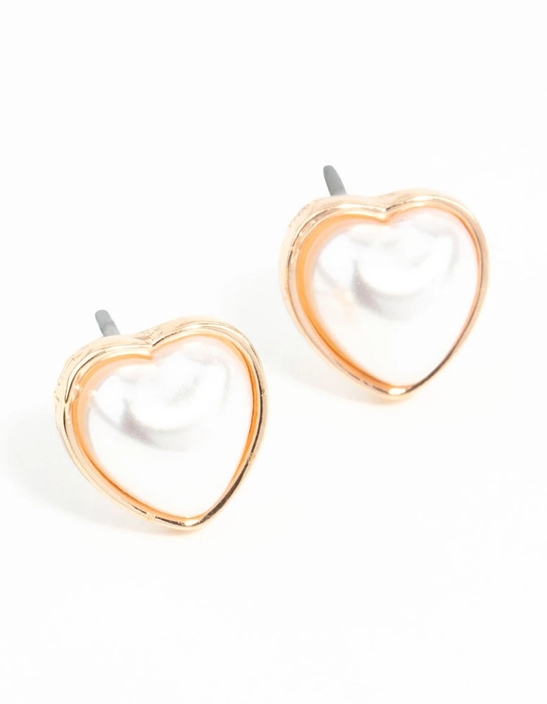 Gold Mini Pearl Heart Stud Earrings