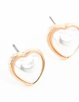 Gold Mini Pearl Heart Stud Earrings