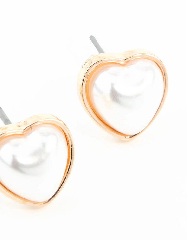 Gold Mini Pearl Heart Stud Earrings