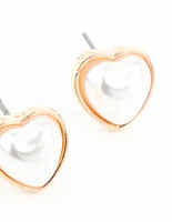 Gold Mini Pearl Heart Stud Earrings