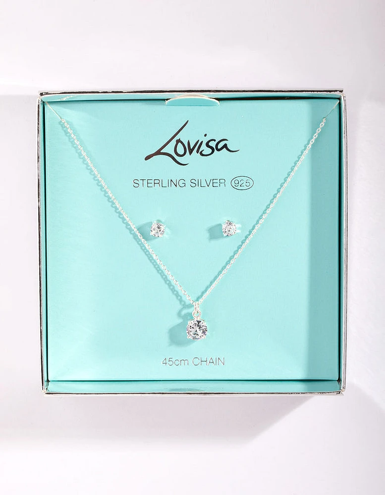 Sterling Silver Crystal Stone Necklace & Earrings Set Gift Box