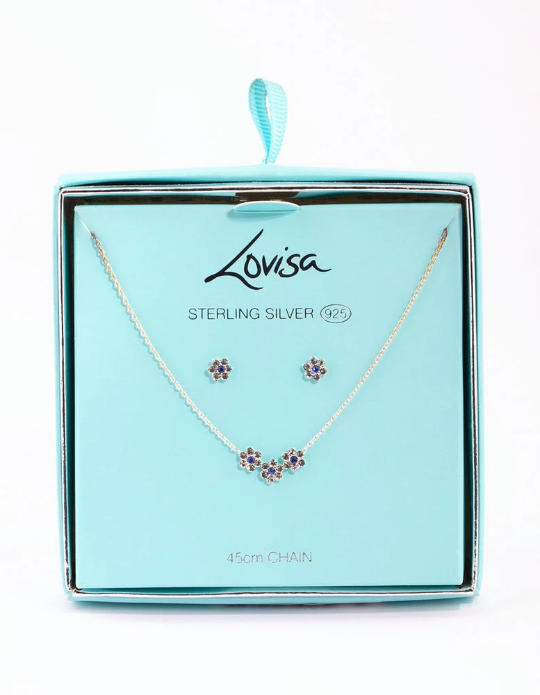 Sterling Silver Diamante Flower Necklace & Earrings Set