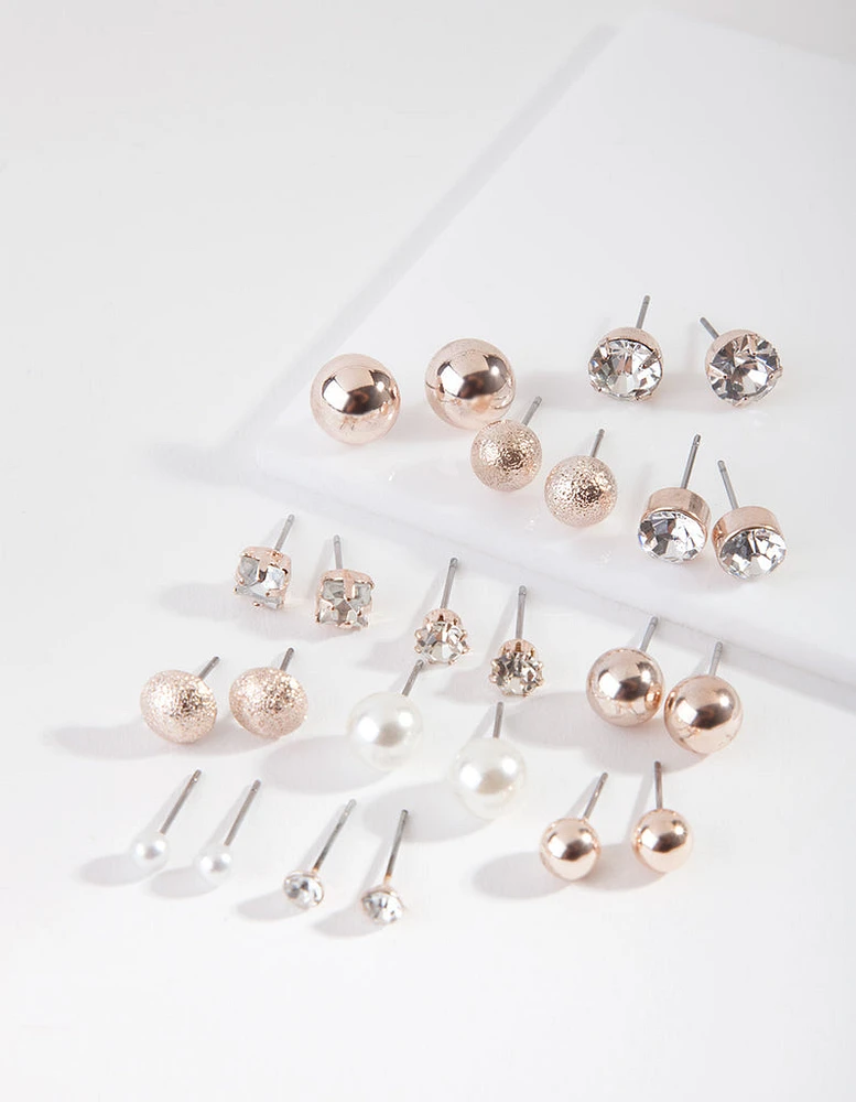 Rose Gold Diamante Pearl Earring 12-Pack