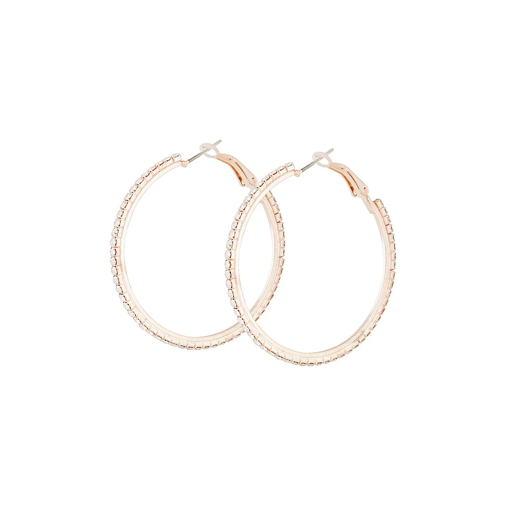 Rose Gold Single Row Diamante Hoop Earrings