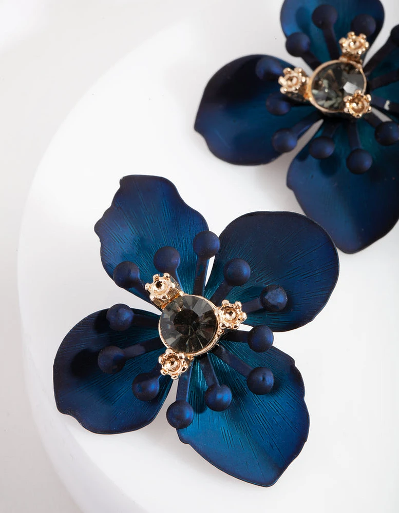 Navy Matte Coated Orchid Stud Earrings