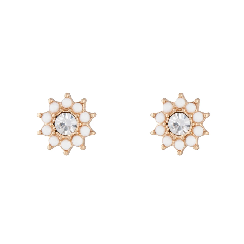 Gold White Flower Diamante Stud Earrings