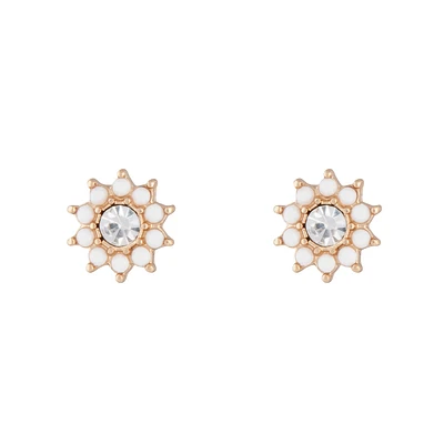 Gold White Flower Diamante Stud Earrings