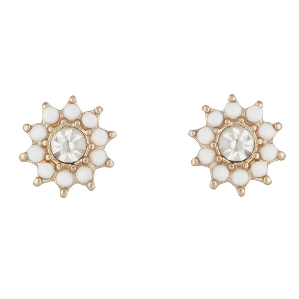 Gold White Flower Diamante Stud Earrings