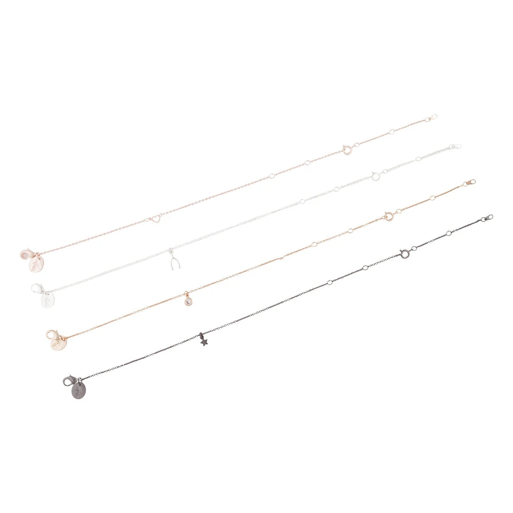 Mixed Metal Wishbone Charm Bracelet & Anklet 4-Pack