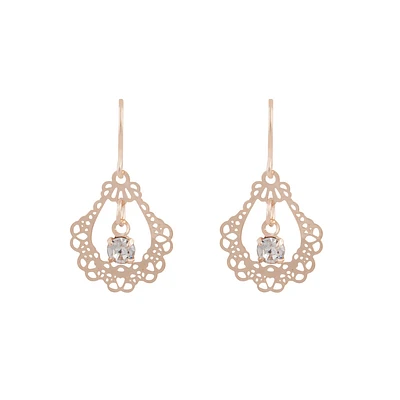 Ornate Rose Gold Drop Earrings With Centre Diamante