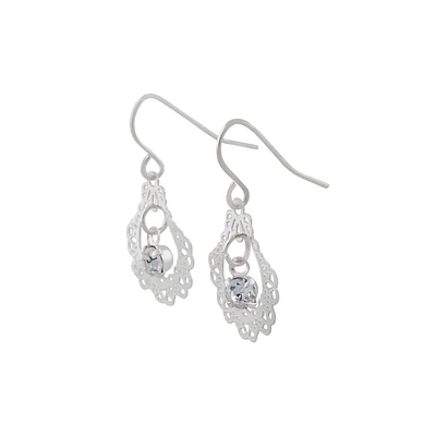 Ornate Silver Drop Earrings With Centre Diamante