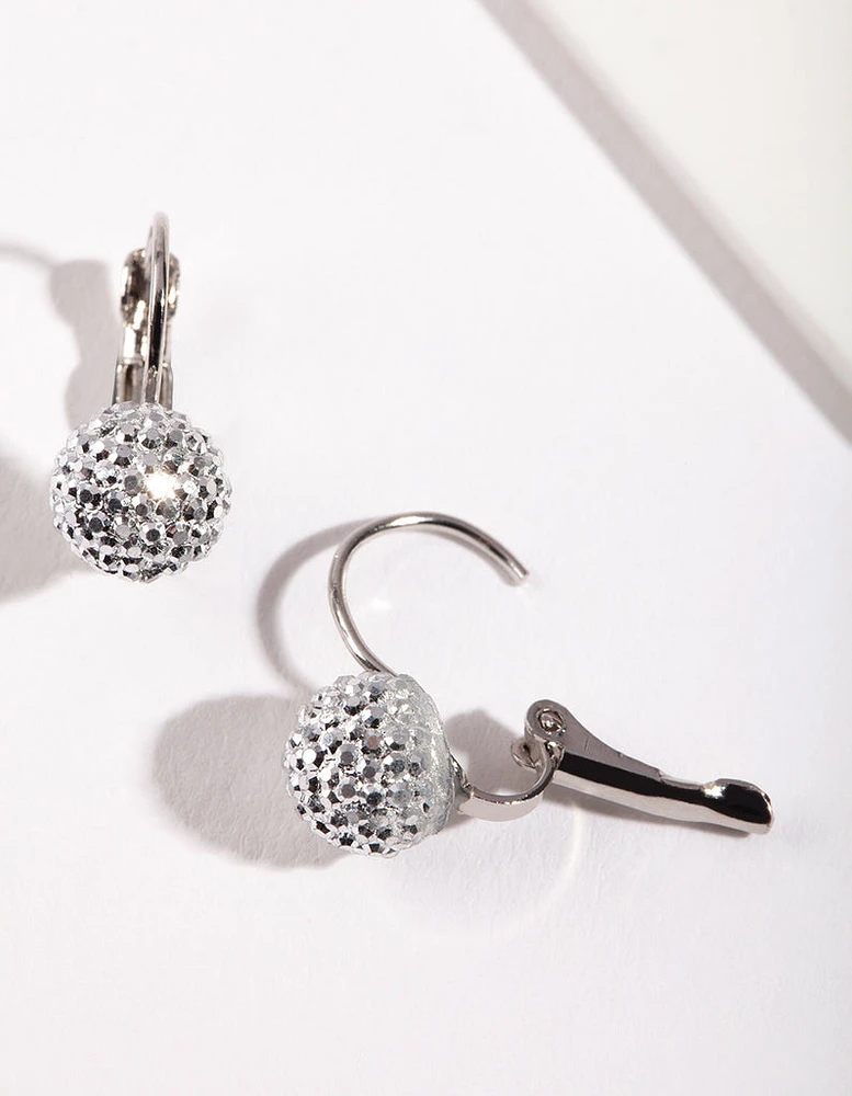 Rhodium Sparkle Ball Clip Earrings