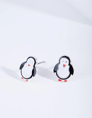 Silver Black & White Penguin Stud Earrings