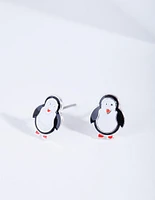 Black White Rhodium Penguin Stud Earrings