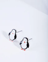 Black White Rhodium Penguin Stud Earrings