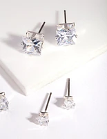 Silver Square Cut Diamante Stud Earring Pack