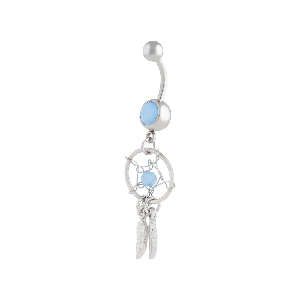 Rhodium Surgical Steel Blue Diamante Dreamcatcher Belly Bar