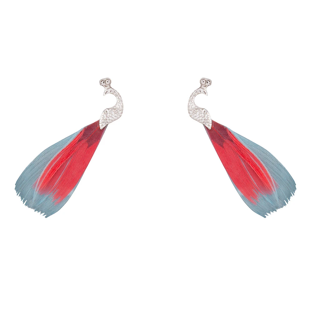 Peacock Silver Blue Pink Feather Earrings