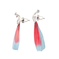 Peacock Silver Blue Pink Feather Earrings