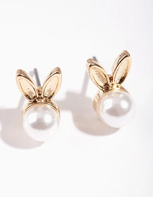 Gold & Pearl Bunny Stud Earrings