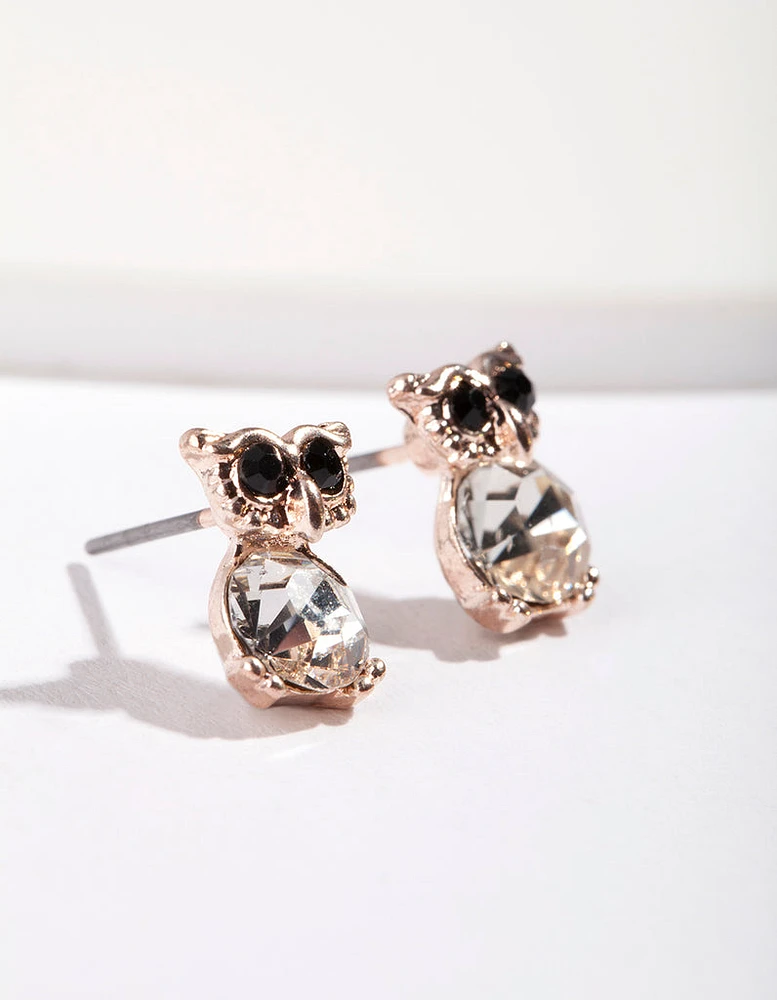 Rose Gold Diamante Owl Stud Earrings