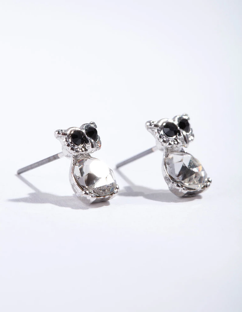 Rhodium Diamante Owl Stud Earrings