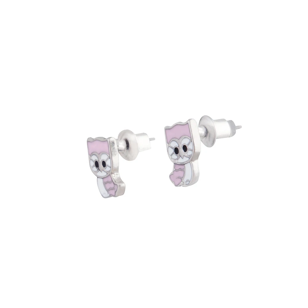 Pink White Owl Stud Earrings