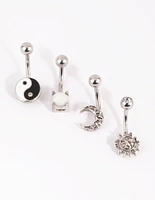 Rhodium Surgical Steel Yin & Yang Belly Bar 4-Pack