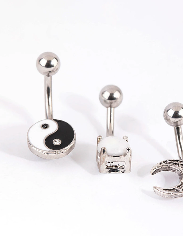 Rhodium Surgical Steel Yin & Yang Belly Bar 4-Pack