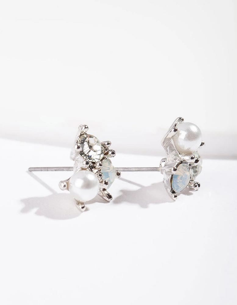 Rhodium Stone & Pearl Cluster Earrings