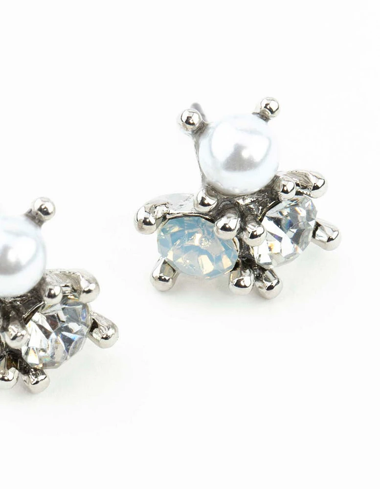 Rhodium Stone & Pearl Cluster Earrings