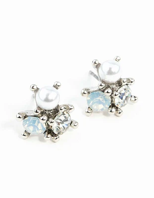 Silver Stone & Pearl Cluster Earrings