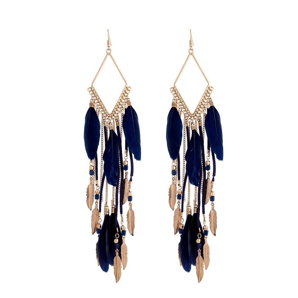 Antique Gold Blue Tassel Diamante Chain Feather Earrings