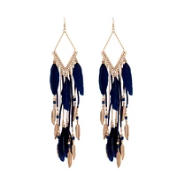 Antique Gold Blue Tassel Diamante Chain Feather Earrings