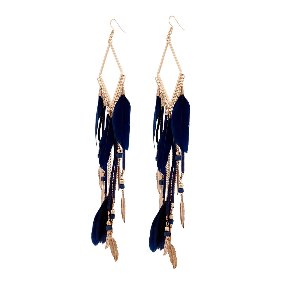 Antique Gold Blue Tassel Diamante Chain Feather Earrings