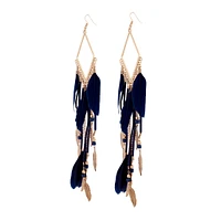 Antique Gold Blue Tassel Diamante Chain Feather Earrings