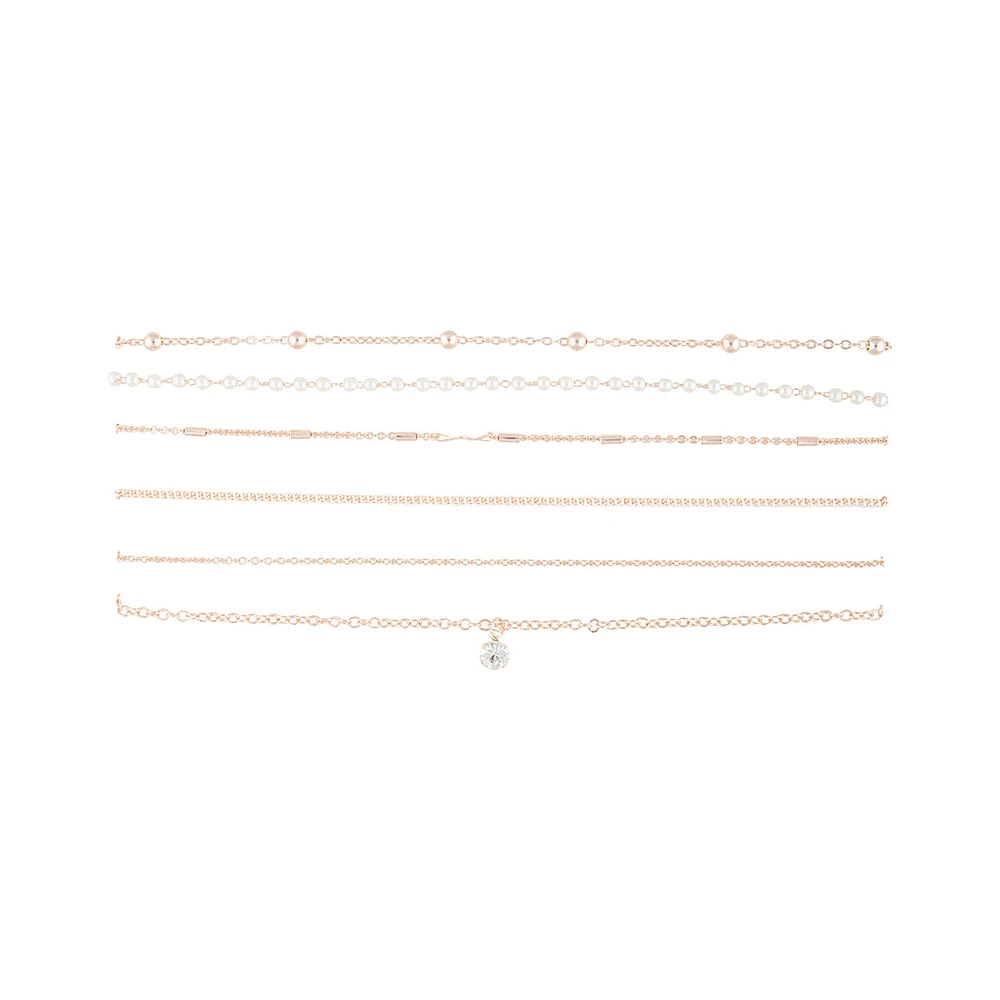 Rose Gold Diamante Pearl Station Choker 6-Pack