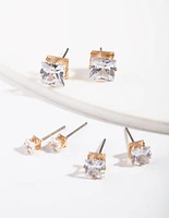 Gold Square Cut Diamante Stud Pack