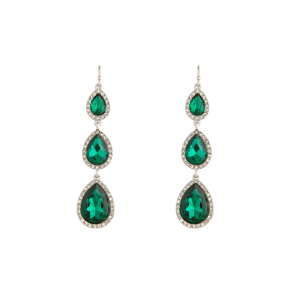 Silver Green Graduated Teardrop Diamante Earrings