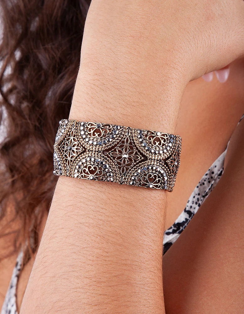 Gold Grey Diamante Filigree Stretch Bracelet