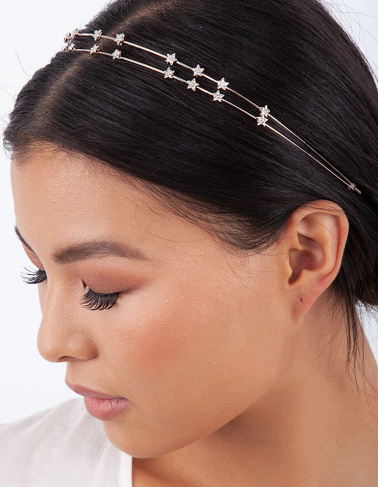 Rose Gold Double Row Diamante Star Headband