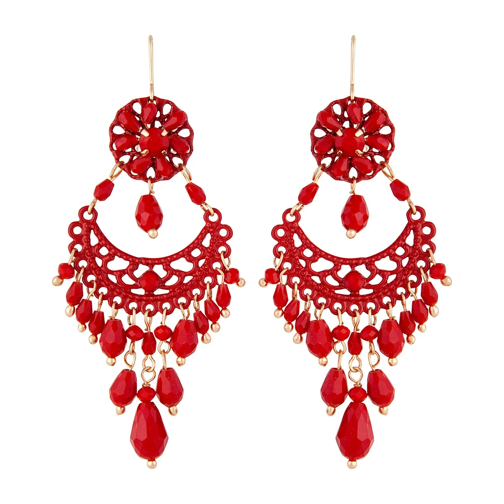 Red Beaded Chandelier Drop Earrings