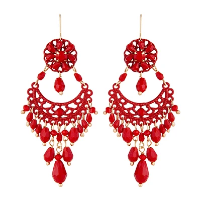 Red Beaded Chandelier Drop Earrings