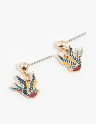 Gold Tattoo Coloured Sparrow Drop Earrings