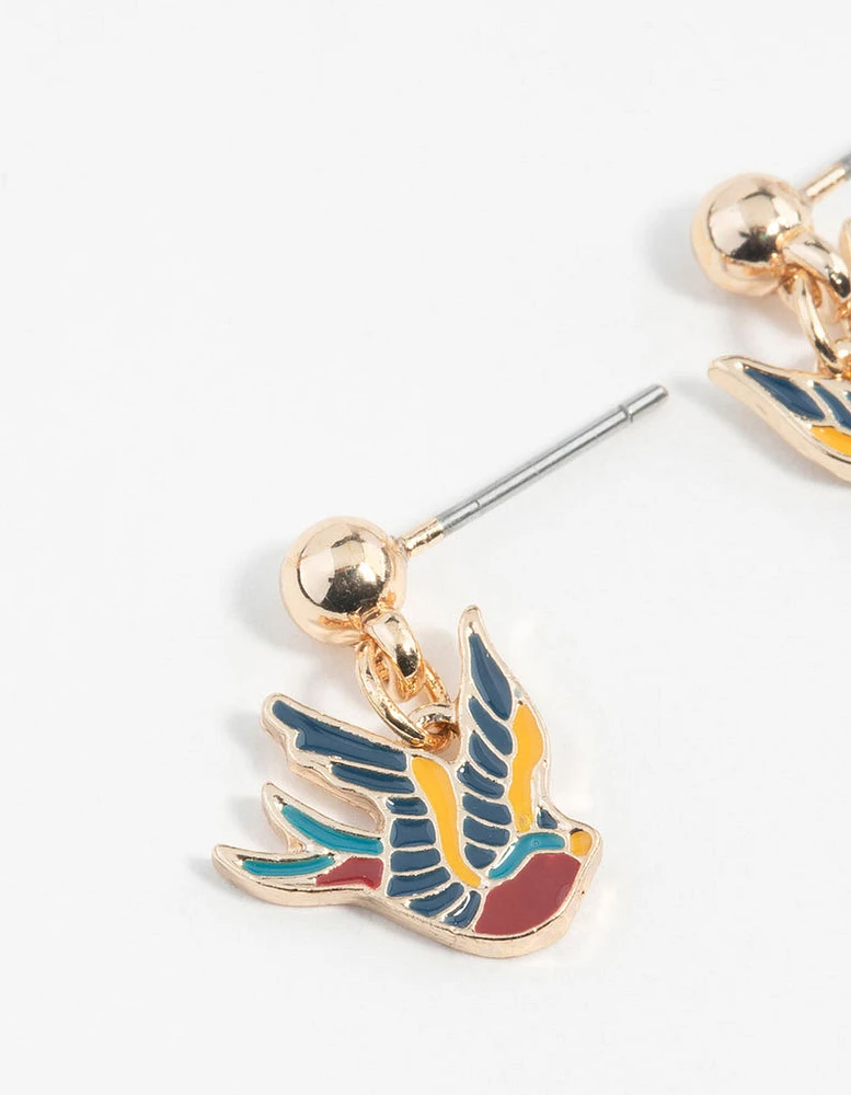 Gold Tattoo Coloured Sparrow Drop Earrings