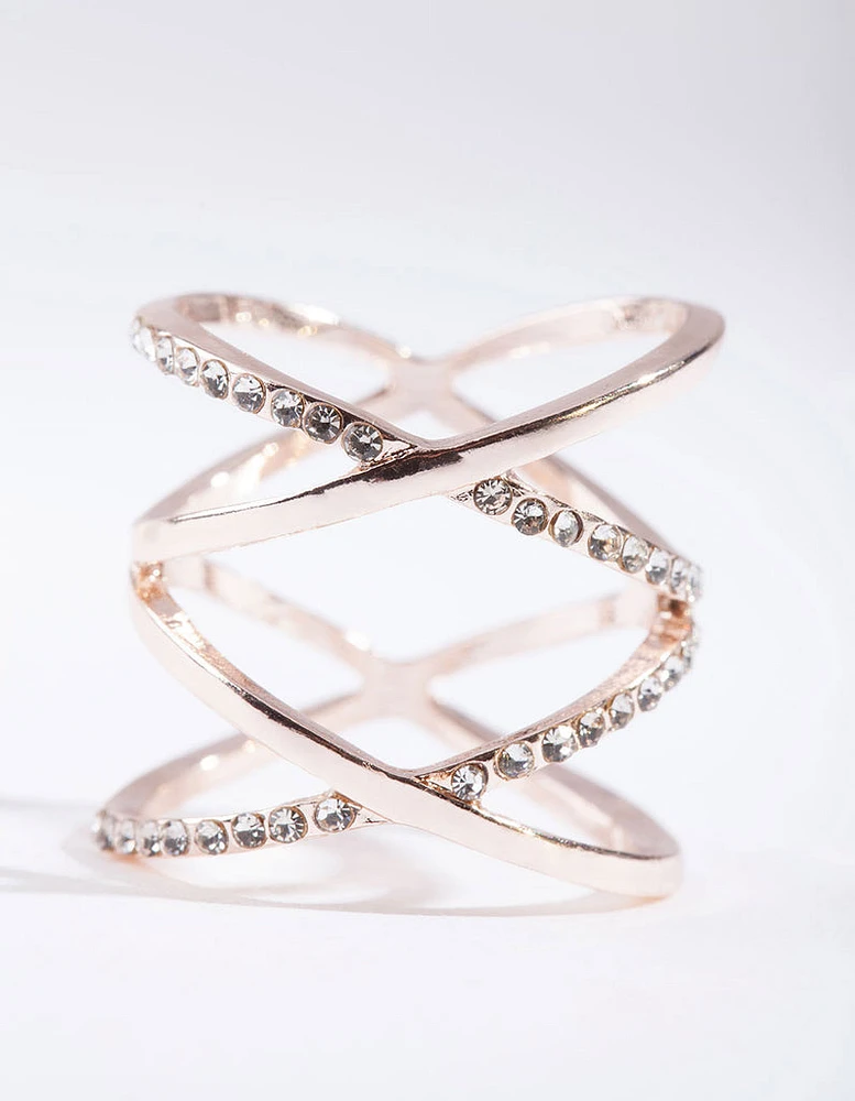 Rose Gold Diamante Double Crossover Ring