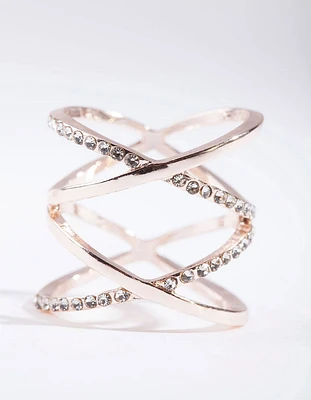 Rose Gold Diamante Double Crossover Ring